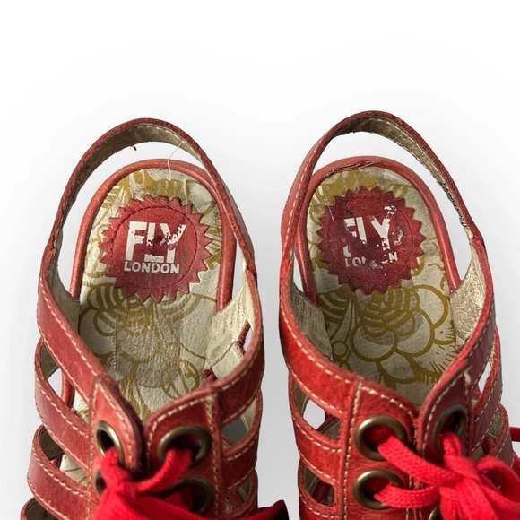 Fly  London Yito Red Lace-Up Slingback Wedge Sandals 36 - Picture 4 of 9